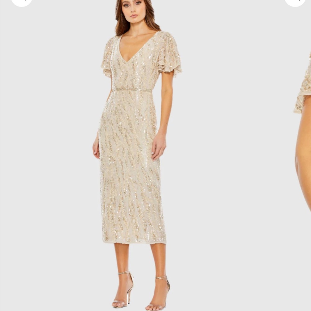 MAC DUGGAL Beige Sequined V Neck Flutter Sleeve Tea Length Dress | 8 | 93591